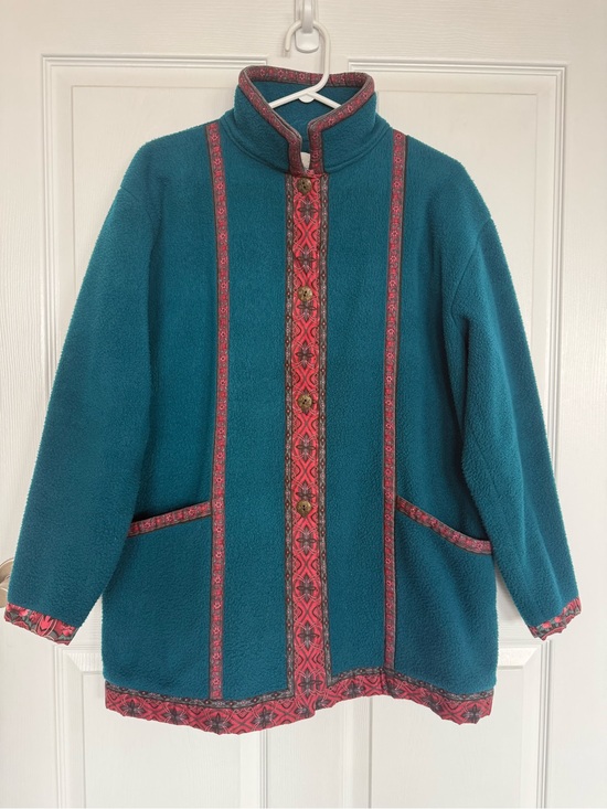 Suttles & Seawinds Jackets & Blazers - Teal Fleece Jacket with Red Trim - Women's Cozy Coat